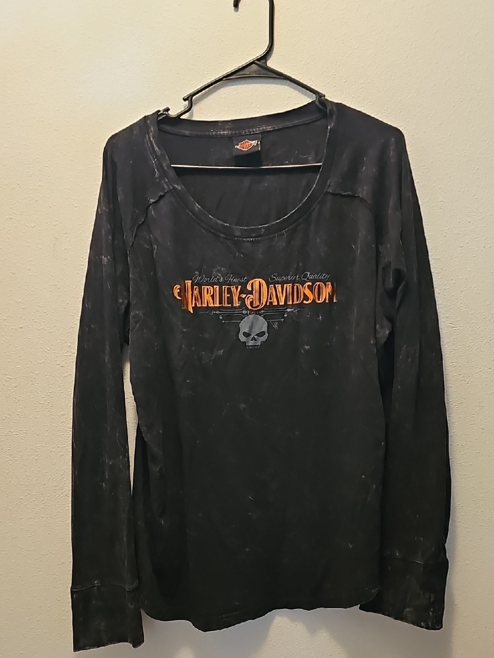 Harley-Davidson Black Long Sleeve Shirt with Orange Logo and Gray Skull